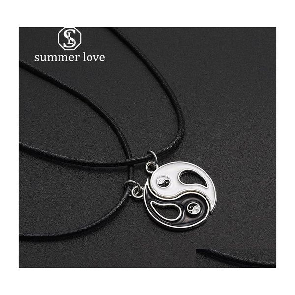 Pendentif Colliers Mode Vintage Couture Yin et Yang Collier Couple Cuir Corde Chaîne Noir Blanc Amis Amitié Bijoux D Dhqfv