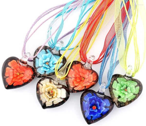 Pendentif Colliers Mode En Gros Lots 6 pcs À La Main Murano Murano Verre Couleur Mixte À L'intérieur Rouge Fleur Pendentifs Cordons De Soie Collier