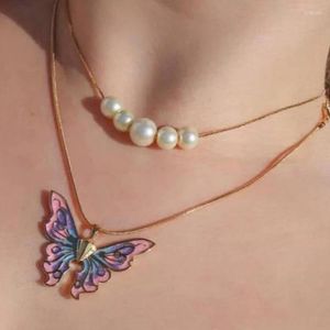 Collares colgantes Moda Mujeres Mariposa Thai Pearl Collar Doble Gargantilla Cadenas Joyería