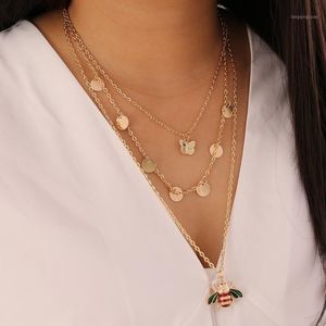 Collares colgantes Moda Mujeres Set Mariposa Abeja Cristal Oblea Cadena de clavícula Collar de oro multicapa Joyería de fiesta de cumpleaños1