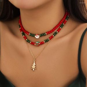 Pendentif Colliers Mode Noël Vert Rouge Argile Perles Multi-Couche Collier Ras Du Cou Pour Femmes Boho Arbre De Noël Bonhomme De Neige Cadeaux Bijoux