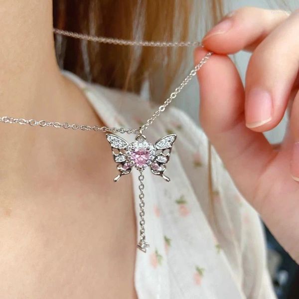 Collares colgantes Moda Zircon Mariposa Y2K Sweet Girls Mujeres Pink Heart Magic Wands Fairy Clavícula Cadena Collar elegante