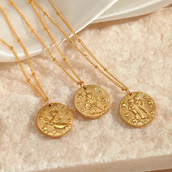 Collares colgantes Moda Signos del zodiaco Collar de acero inoxidable para hombres Mujeres Lujo Doce Constelaciones Joyería de cadena de clavícula en relieve