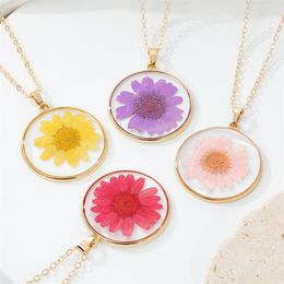 Pendentif Colliers À La Mode Bohème Naturel Fleur Sèche Transparent Rond Résine Collier Couleur Vie Éternelle Clavicule Chaîne