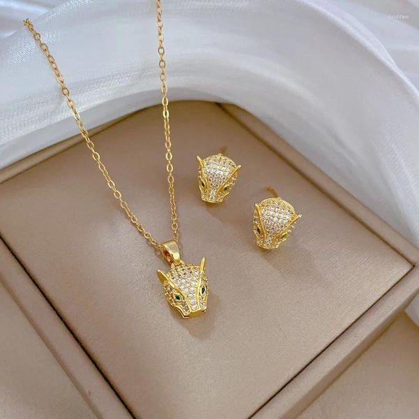 Colliers pendentifs à la mode de luxe complet diamant tête de léopard collier et boucles d'oreilles ensemble bijoux pour femmes adaptés à un usage quotidien