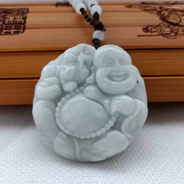 Colliers pendentifs jadéite pour hommes à la mode avec un ventre plus épais bouddha embrassant l'hermine bouddhiste Maitreya pour