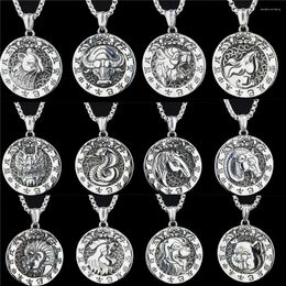 Colliers pendentifs à la mode rétro style ethnique douze signes du zodiaque rond en acier inoxydable collier chaîne de pull pour hommes et femmes