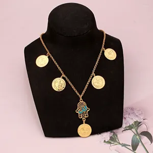 Collares colgantes Collar de mano de Fátima Joyería chapada en oro para niñas Medio Oriente Cadena de monedas turcas Boda árabe Regalos nupciales