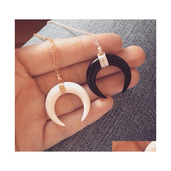 Collares pendientes Faux Ivory Bone Double Horn Moon para mujer Forma de media luna Gargantilla de cadena de oro Joyería de moda Regalo Drop Delivery Pend Dh1Ra