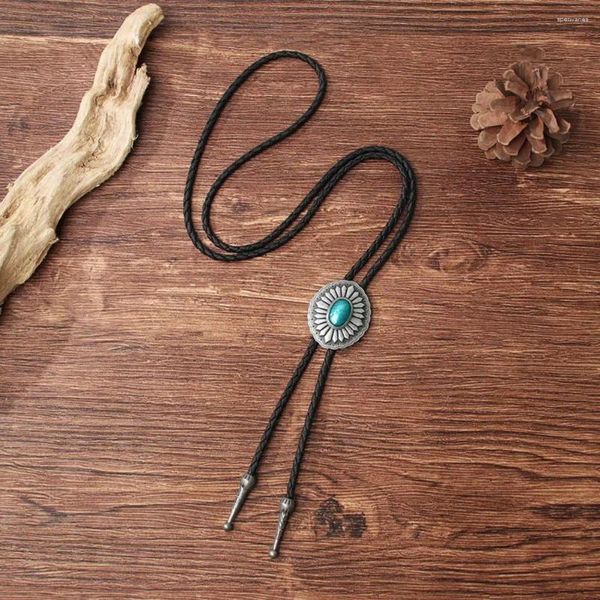 Colliers pendants Collier long en cuir long Collier Retro Sweater Western Cowboy Style Coldie avec boucle turquoise sculptée Gentleman