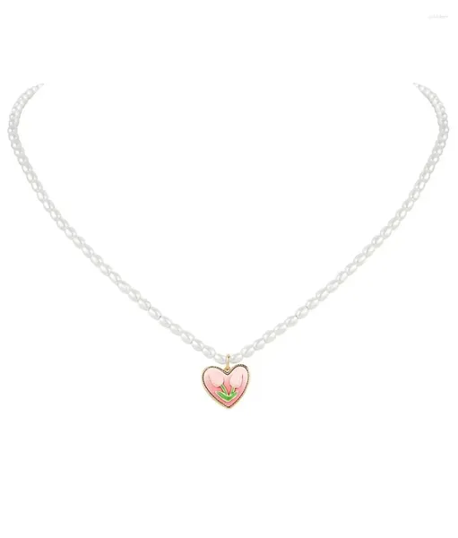 Colliers pendants Collier de coeur perle faux pour femmes Chaîne de tulipe rose 2024 Accessoires Bijoux Choker Cadeaux