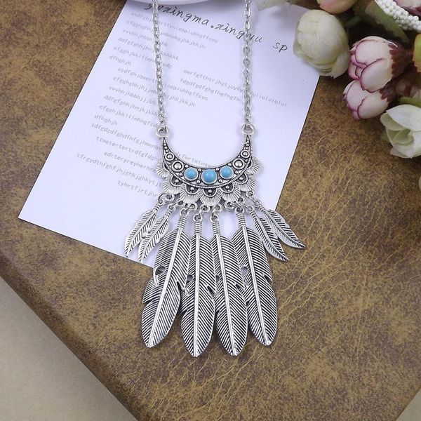 Pendentif Colliers Plume Vintage Bohême Collier Charme Bijoux Argent Couleur Longue Déclaration Pour Les Femmes Tibétain En Gros