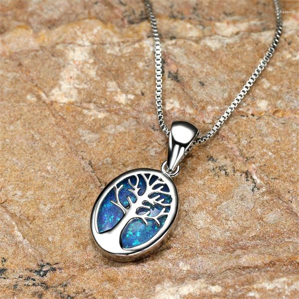 Pendentif Colliers Femelle Mignon Arbre De Vie Ovale Bleu Fire Opal Collier Argent Couleur Mariée Lien Chaîne Pour Femmes Bijoux De Mariage