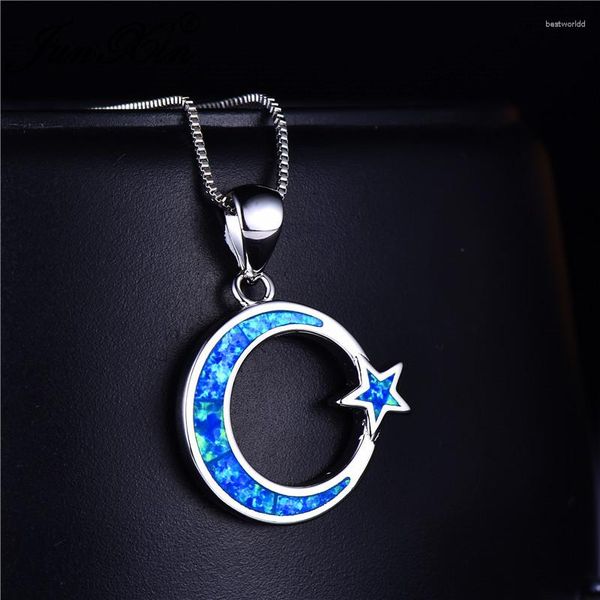 Collares con colgante de luna y estrella para mujer, Color plateado, piedra de nacimiento mística, collar de ópalo de fuego azul y blanco, joyería de boda