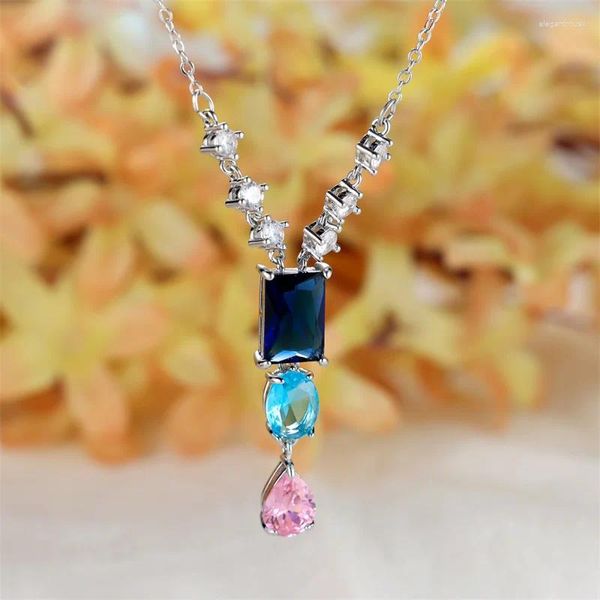 Colliers pendants rectangle rectangle ovale Blue Stone Water Drop rose zircon Long Clicule pour femmes