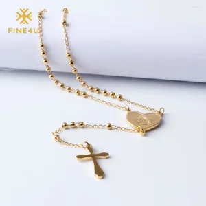 Pendentif Colliers FINE4U Jésus Christ Crucifix Collier pour femmes 316L Acier inoxydable Long Rosaire Perles Vierge Marie Coeur