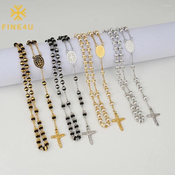 Pendentif Colliers FINE4U Chapelet en acier inoxydable Blanc Collier de perles noires Catholique avec métal Vierge Marie Jésus Crucifix