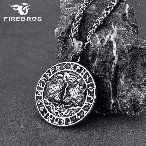 Colliers pendants Firebros hommes vintage en acier inoxydable Rune Odin Wolf Gerifrek Viking Collier Norse Mythologie