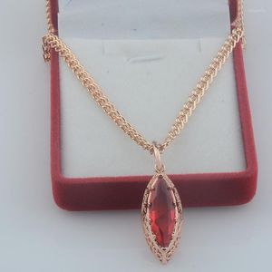Collares colgantes FJ Mujeres Oval Redonda Piedra Roja 585 Cadenas de eslabones de color oro rosa