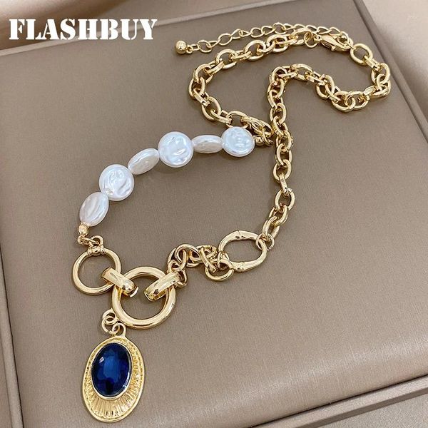 Collares colgantes Flashbuy Fashion Blue Resin Geometry Collar de pedante Declaración Irregular Imitación Pearl Gold Color Collares Joyería