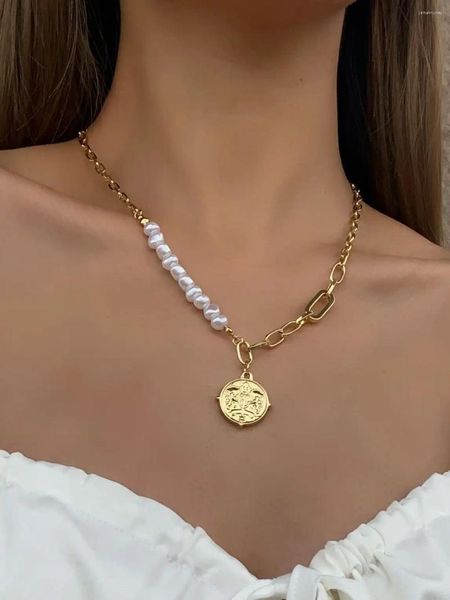 Colliers pendants Flashbuy Pearl Gold Color Chain Geometric Charm Coin Collier pour femmes Accessoires en alliage Collier