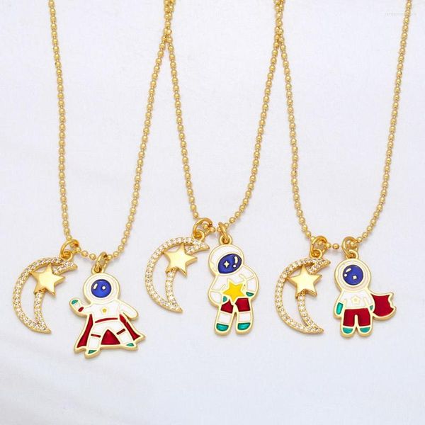 Collares pendientes FLOLA Cadena de cuentas Esmalte Collar de astronauta Cobre CZ Piedra blanca Luna y estrellas Kawaii Lindo regalo de joyería Nkea064