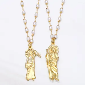 Colliers pendants Flola Chaîne perlée Collier de mort saint Zircon Stone blanche Jésus Bijoux religieux plaqué Gold Nkea040