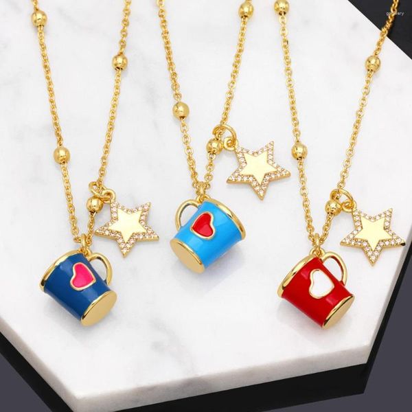 Collares pendientes FLOLA taza de café de esmalte colorido para mujer collar de cuentas de estrella de circón de cobre regalos de joyería chapados en oro Nkeb311