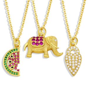 Pendentif Colliers FLOLA Cuivre CZ Éléphant Collier Plaqué Or Fuchsia Blanc Pierre Chaîne En Gros Bijoux Nkey69