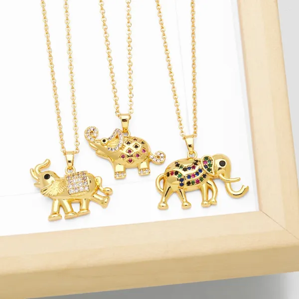 Collares colgantes FLOLA Cobre Zircon Elefante para mujeres Chapado en oro Animal CZ Cristal Fe Joyería sagrada Regalos Nkeb810