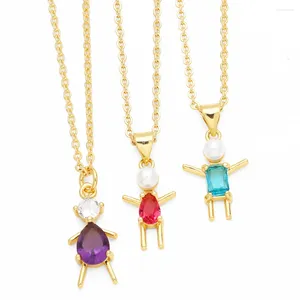 Pendentif Colliers FLOLA Mignon Garçons et filles pour femmes CZ Crystal Figure Gold Plaqué Famille Bijoux Amis Cadeaux Nken37