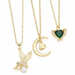 Pendentif Colliers FLOLA CZ Cristal Coeur Vert Pour Femmes Cuivre Plaqué Or Lune Zircon Bijoux Cadeaux Nken80