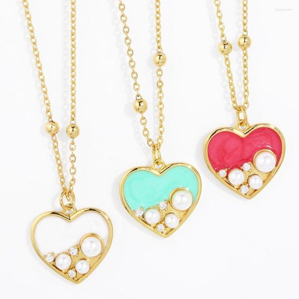 Collares pendientes FLOLA esmalte colorido corazón para mujer Pave Mini perla con cuentas chapado en oro joyería amante regalos Nkeb776