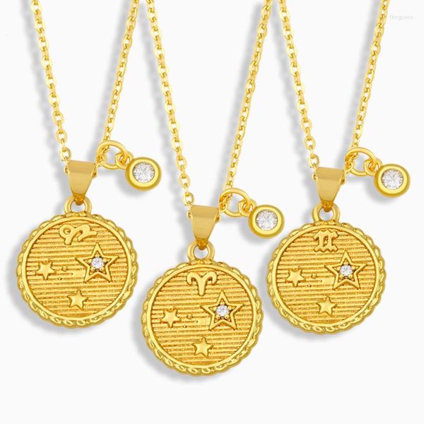 Pendentif Colliers FLOLA Plaqué Or 12 Zodiaque Collier Pour Femmes Disque Rond Constellations Clavicule Chaîne En Gros Bijoux Cadeaux Nkev18