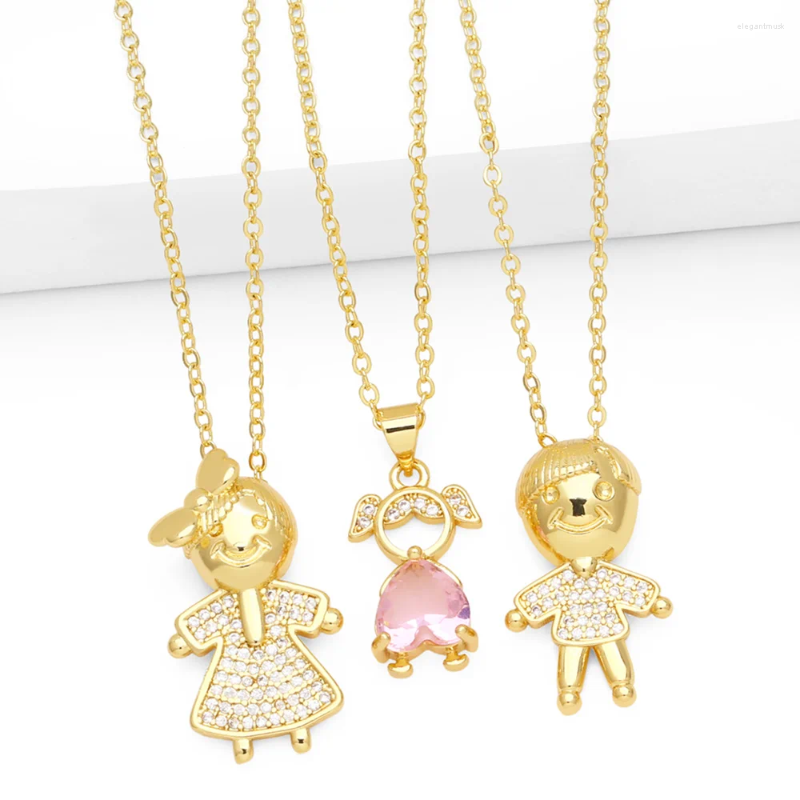 Pendant Necklaces FLOLA Gold Plated Girl Boy For Women Pink Crystal Heart Figure Couple Jewelry Gifts Nkev58
