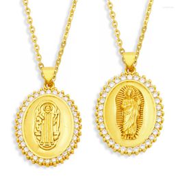 Hanger kettingen flola goud vergulde Jezus ketting voor vrouwen koper cz witte steen ovaal korte religieuze sieraden geschenken nkew43