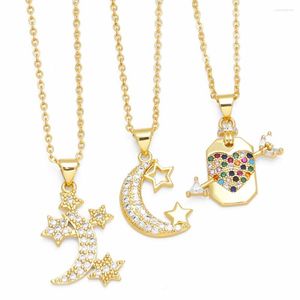 Collares colgantes Flola Gold Plated Moon and Star for Women Copper Colorido Crystal Heart Cz Jewelry Friends Regalos Nker65