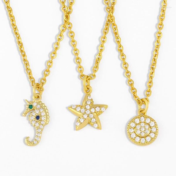 COLLAR COLGANTE FLOLA Mini CZ collar de estrella de cristal para mujer pequeño círculo redondo caballito de mar chapado en oro joyería regalos Nker78