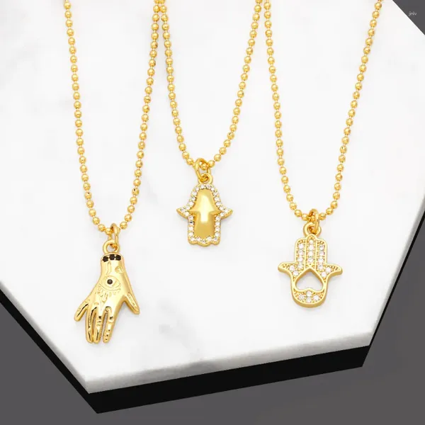 Collares colgantes FLOLA Mini Cadena de cuentas chapada en oro Fátima Mano para mujeres Cobre CZ Cristal Hamsa Protección Joyería Nkeb518