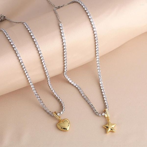 Collares colgantes FLOLA Polaco Pequeño Corazón Chapado en Oro para Mujeres Estrella Plata Color Cadena de Tenis Joyería Simple Regalos Nkeq91