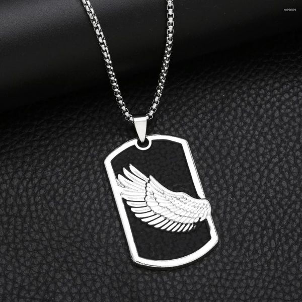 Pendentif Colliers FLOLA Punk Style Wing Tag pour hommes Cool Argent Couleur Chaîne en acier inoxydable Hiphop Bijoux Cadeaux Nkez44