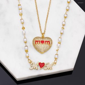 COLLAR COLGANTE FLOLA corazón rojo mamá collar para mujer cobre circón blanco perla con cuentas romántica madre joyería regalos Nkeb261