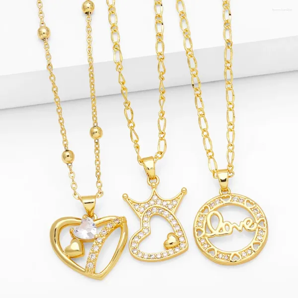 Collares colgantes FLOLA Pequeño collar de corazón de cristal para mujeres Niñas Cobre CZ Corona hueca a joyería chapada en oro simple Nkeq42