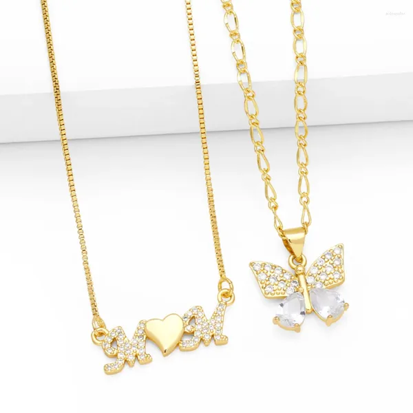 Collares colgantes FLOLA Pequeña CZ Cristal Mariposa para mujeres Cobre Chapado en oro Mamá Collar Madre Joyería Regalos Nkeb135