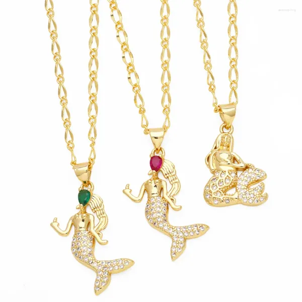 Collares colgantes FLOLA Tiny Full CZ Crystal Mermaid para mujeres Cobre Chapado en oro Princesa Joyería delicada Regalos Nkew65