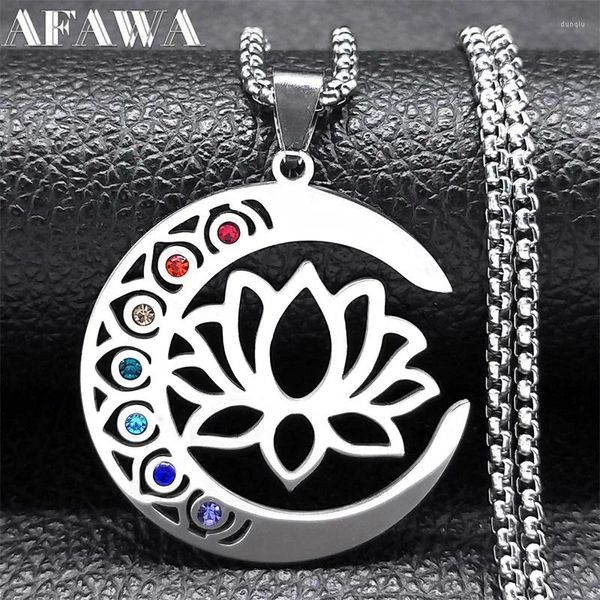 Collares colgantes Collar de luna de loto de flores para mujeres hombres acero inoxidable color plateado 7 chakra curación de la cadena de equilibrio joyería N9725S02