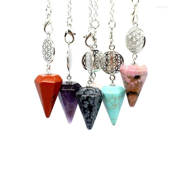 Collares pendientes Flor de la vida Péndulo de piedra de cristal natural para adivinación de radiestesia Pequeño péndulo puntiagudo hexagonal Curación espiritual