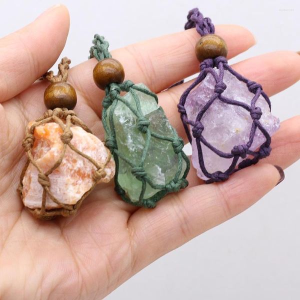 Pendentif Colliers Fluorite Minéral Naturel Tresse Net Poche Corde Collier Reiki Pierre Cristal Brut Quartz Artisanat Tissage Bijoux