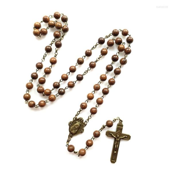 Pendentif Colliers Pour Croix Jésus Collier Hommes Femme Perles En Bois Sculpté Long Chapelet Catholique Mâle Bijoux