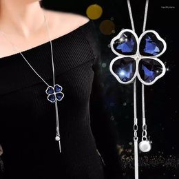 Hanger Kettingen Vier Bladeren Grijs Blauw Kristal Lange Ketting Goud Zilver Kleur Vrouwen Dame Trui Ketting Sieraden Bijoux Geschenken